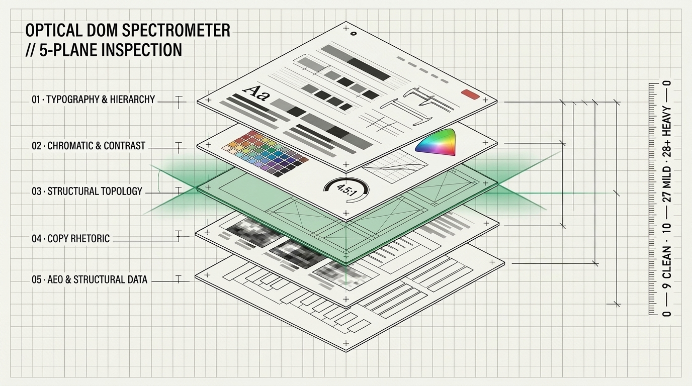 Isometric exploded view of a landing page inspected across five optical DOM strata